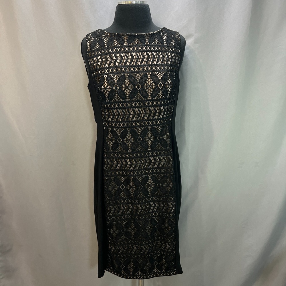 Anne Klein Sheath Dress Womens 12 Black Floral Lace Detail Back Zip Cocktail‎